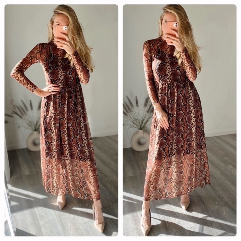 Mango MNG Snake Print Sheer Long Sleeve Midi / Maxi Dress - Picture 2 of 5